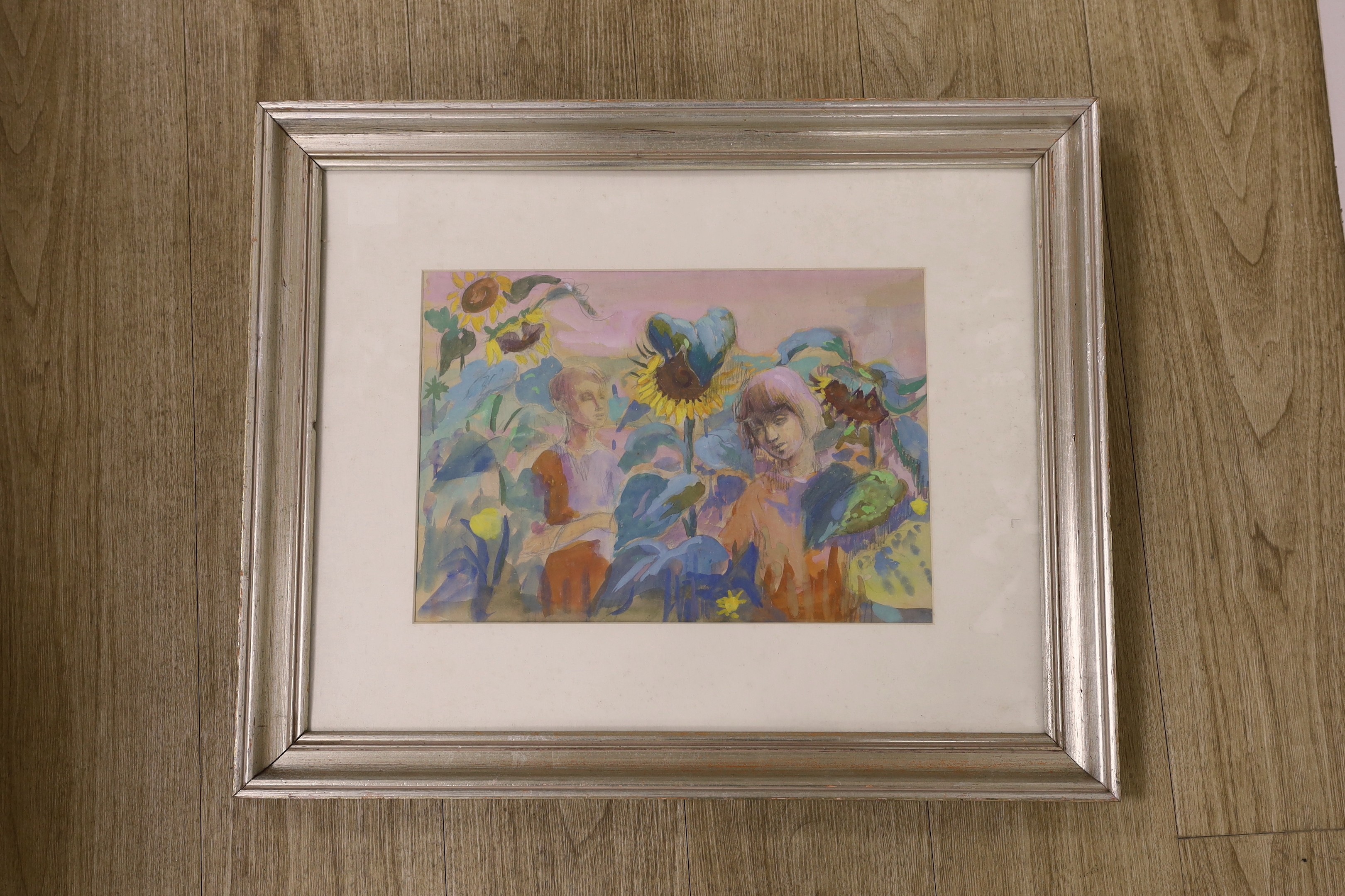Phyllis Bray (1911-1991), pencil and watercolour, Children and sunflowers, Studio stamp verso, 27 x 39cm